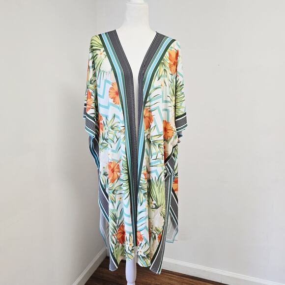 Rachel Roy Kimono Duster One Size Stretchy Open Front Floral Resort Vacation NWT - Picture 1 of 14